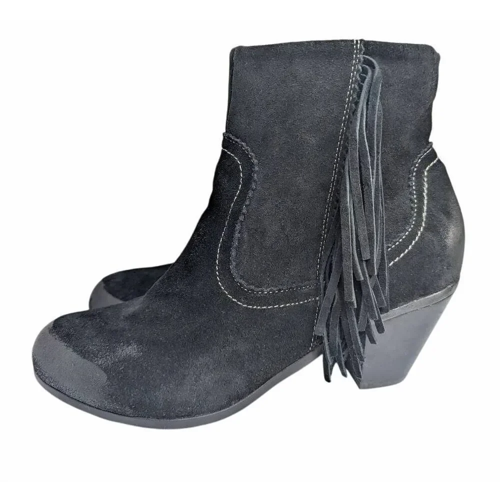 Crown Vintage black suede leather fringe western ankle boots booties 9.5